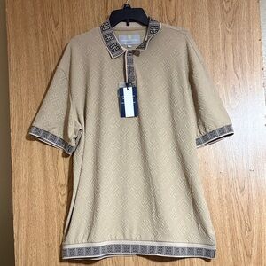 SUSLO COUTURE Designer Beige Polo Shirt with Patterned Trim